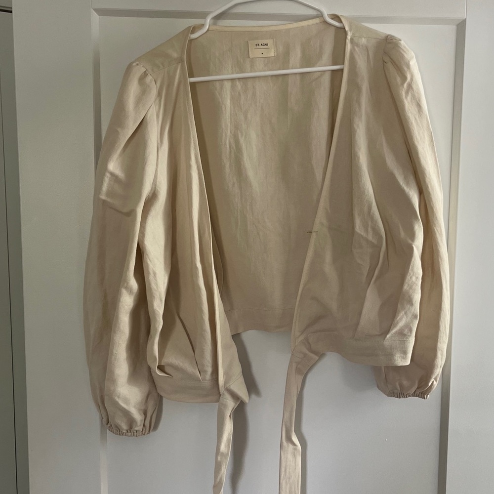 St Agni off-white puff-sleeve wraparound linen/cotton top, size M